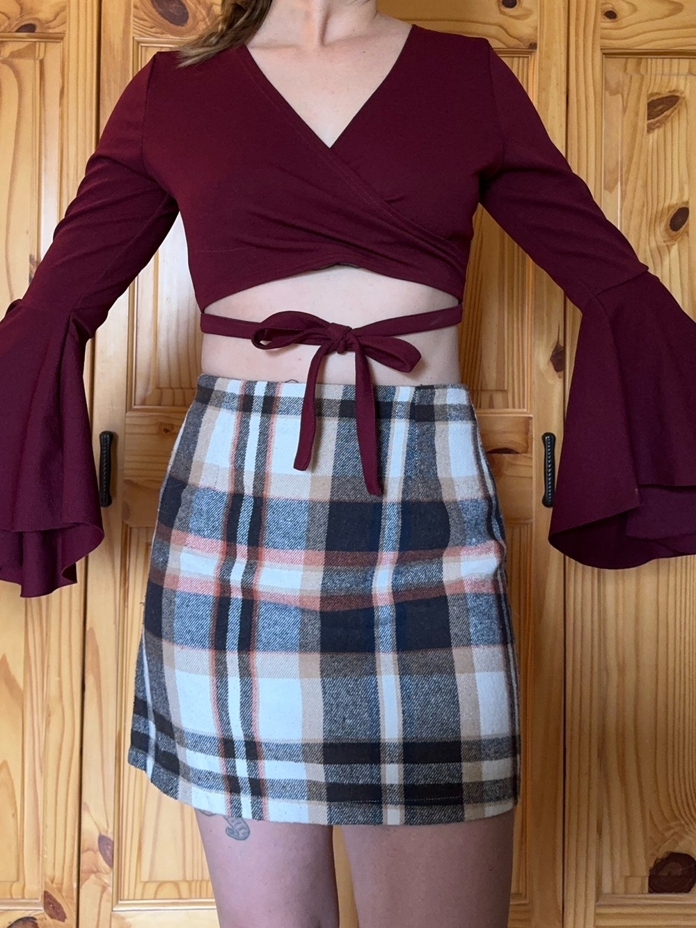 SHEIN Burgundy Wrap Crop Top with Bell Sleeves